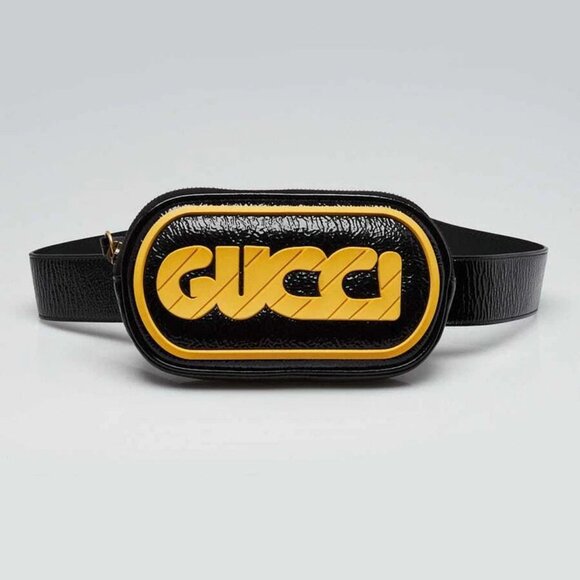 Gucci Black Patent Leather Rubber Game Patch Logo Belt Bag Size 85/34 - Picture 1 of 10